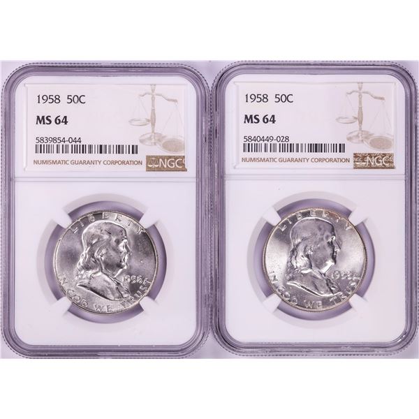 Lot of (2) 1958 Franklin Half Dollar Coins NGC MS64