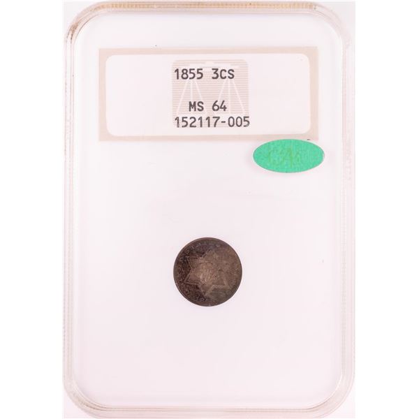 1855 Three Cent Silver Coin NGC MS64 CAC