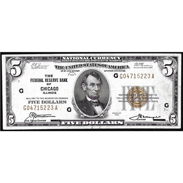 1929 $5 Federal Reserve Bank Note Chicago