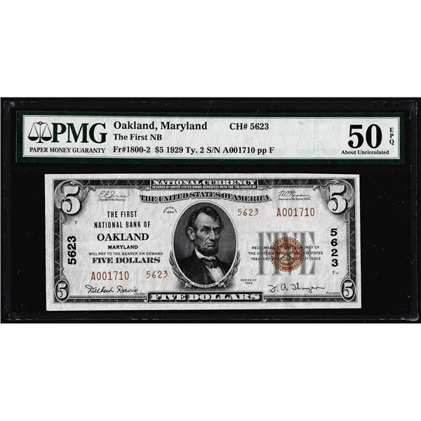 1929 $5 First NB of Oakland, MD CH# 5623 National Note PMG About Uncirculated 50EPQ