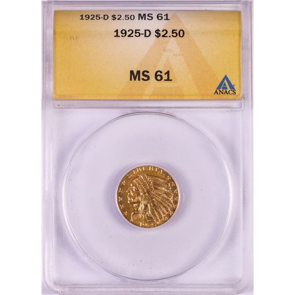 1925-D $2 1/2 Indian Head Quarter Eagle Gold Coin ANACS MS61