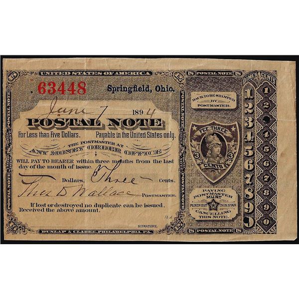 June 7, 1894 Springfield, MA Postal Obsolete Scrip Note