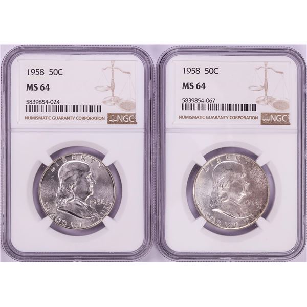 Lot of (2) 1958 Franklin Half Dollar Coins NGC MS64