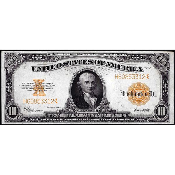 1922 $10 Gold Certificate Note