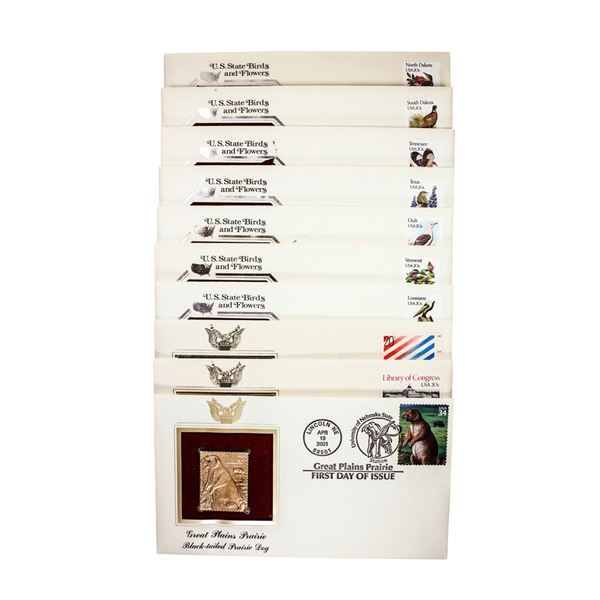 Lot of (10) First Day Of Issue 22KT Gold Replica Stamps in Envelopes