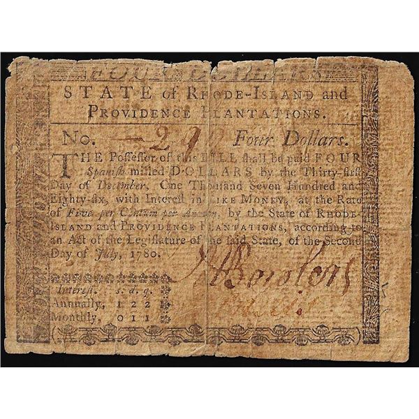 July 2, 1780 Rhode Island $4 Colonial Currency Note