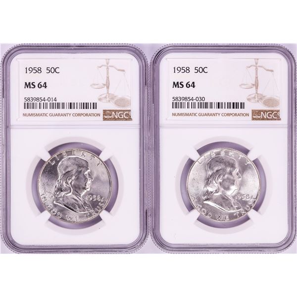 Lot of (2) 1958 Franklin Half Dollar Coins NGC MS64