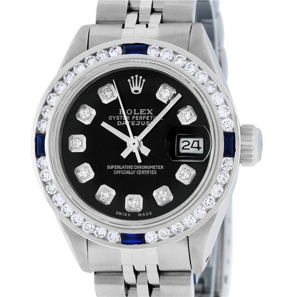 Rolex Ladies Stainless Steel Black Diamond & Sapphire Datejust Wristwatch