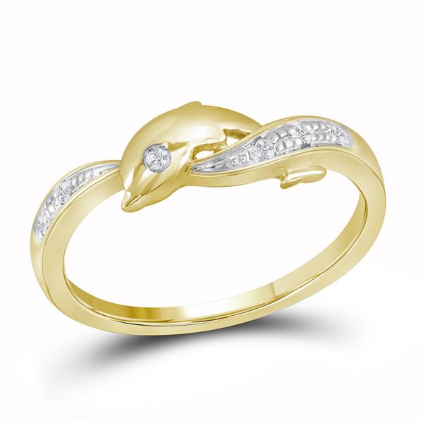 Round Diamond Two-tone Dolphin Fish Animal Ring 1/20 Cttw 10KT Yellow Gold