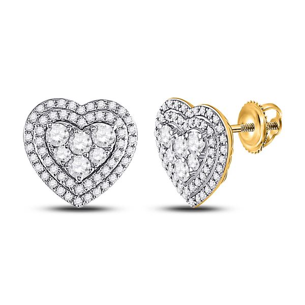 Round Diamond Heart Cluster Earrings 1 Cttw 14KT Yellow Gold