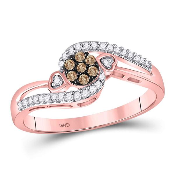 Round Brown Diamond Cluster Double Heart Ring 1/6 Cttw 10KT Rose Gold