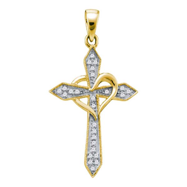 Round Diamond Cross Heart Pendant 1/10 Cttw 10KT Yellow Gold
