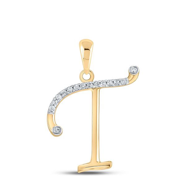 Round Diamond T Initial Letter Pendant 1/10 Cttw 10KT Yellow Gold