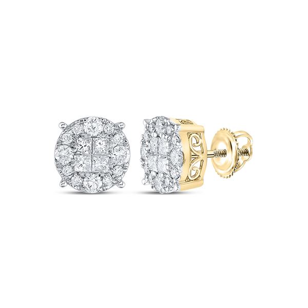Princess Round Diamond Cluster Earrings 1-1/2 Cttw 14KT Yellow Gold