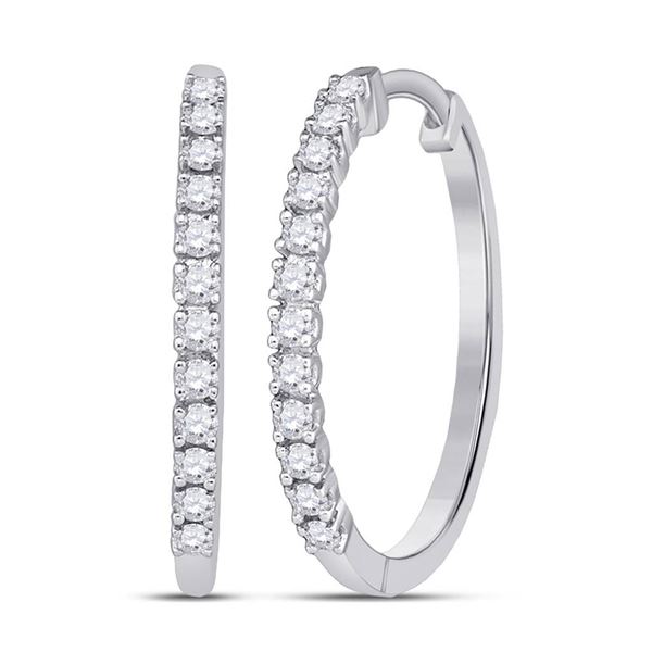 Round Diamond Slender Single Row Hoop Earrings 1/4 Cttw 10KT White Gold