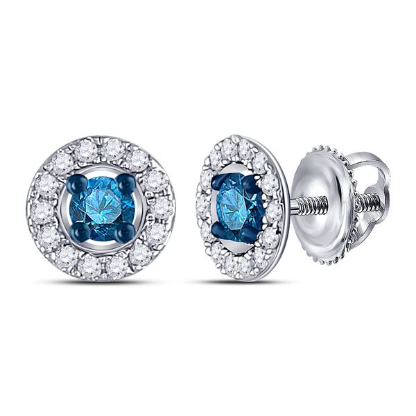 Round Blue Color Enhanced Diamond Stud Earrings 1/3 Cttw 10KT White Gold