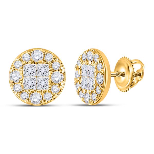 Princess Round Diamond Cluster Earrings 1 Cttw 14KT Yellow Gold