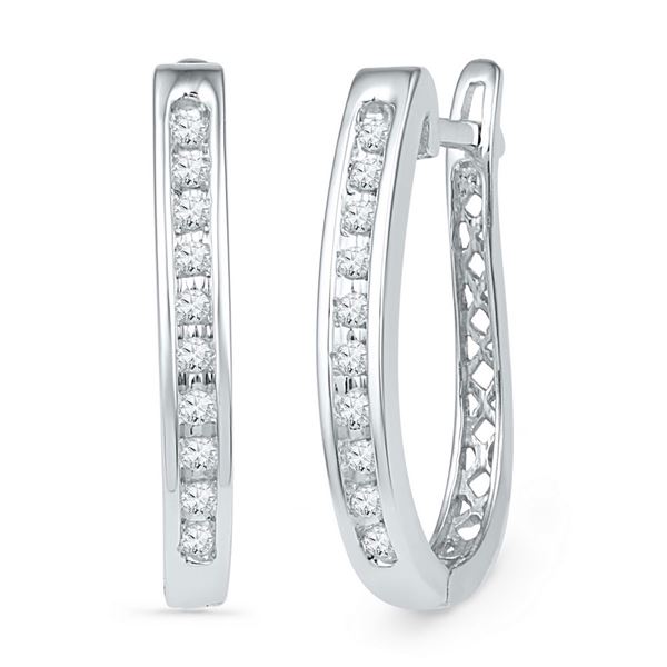 Round Diamond Slender Single Row Oblong Hoop Earrings 1/5 Cttw 10KT White Gold