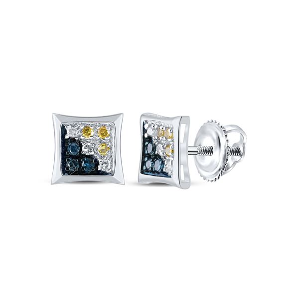 Round Blue Yellow Color Enhanced Diamond Square Kite Earrings 1/20 Cttw 10KT White Gold