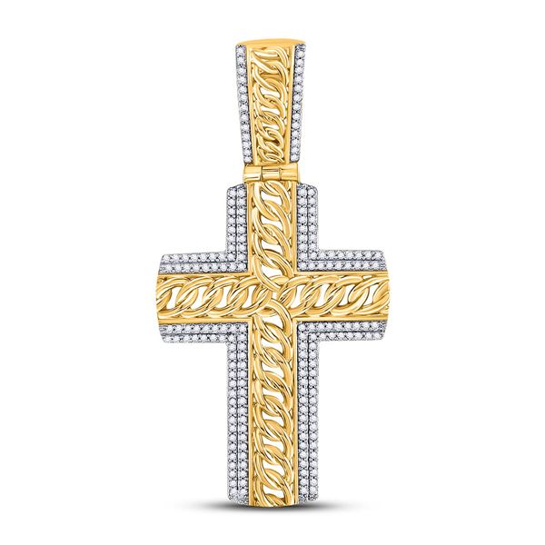 Round Diamond Curb Link Cross Charm Pendant 1/2 Cttw 10KT Yellow Gold