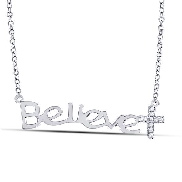 Round Diamond Believe Cross Necklace 1/20 Cttw 10KT White Gold