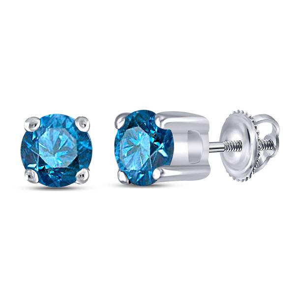 Round Blue Color Enhanced Diamond Solitaire Stud Earrings 1/4 Cttw 10KT White Gold