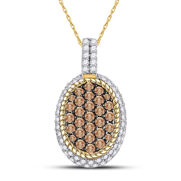Round Brown Diamond Oval Rope Frame Cluster Pendant 1 Cttw 10KT Yellow Gold