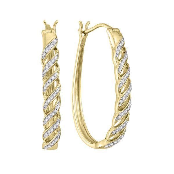 Round Diamond Oblong Hoop Earrings 1/5 Cttw 10KT Yellow Gold