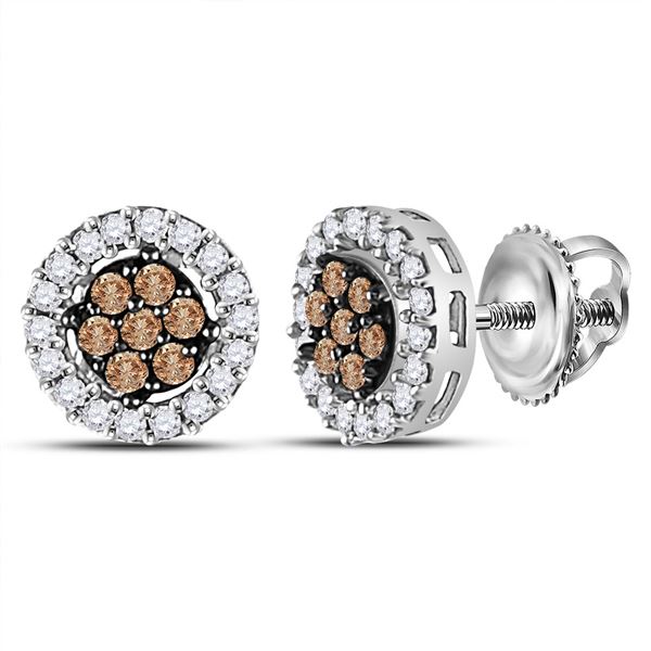 Brown Diamond Flower Cluster Stud Earrings 1/4 Cttw 10KT White Gold