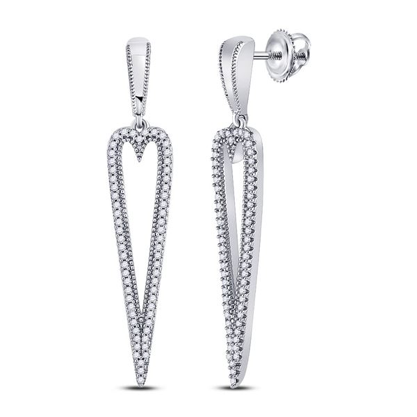 Round Diamond Oblong Heart Dangle Earrings 1/3 Cttw 10KT White Gold