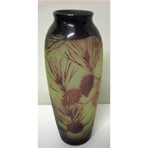 D'Argental cameo glass vase. Red pine cones and ne