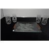 Image 1 : FRANK ODA ETCHED GLASS ANTHURIUM PLATE W/WOOD HANDLES & ETCHED GLASSES (6 PCS)