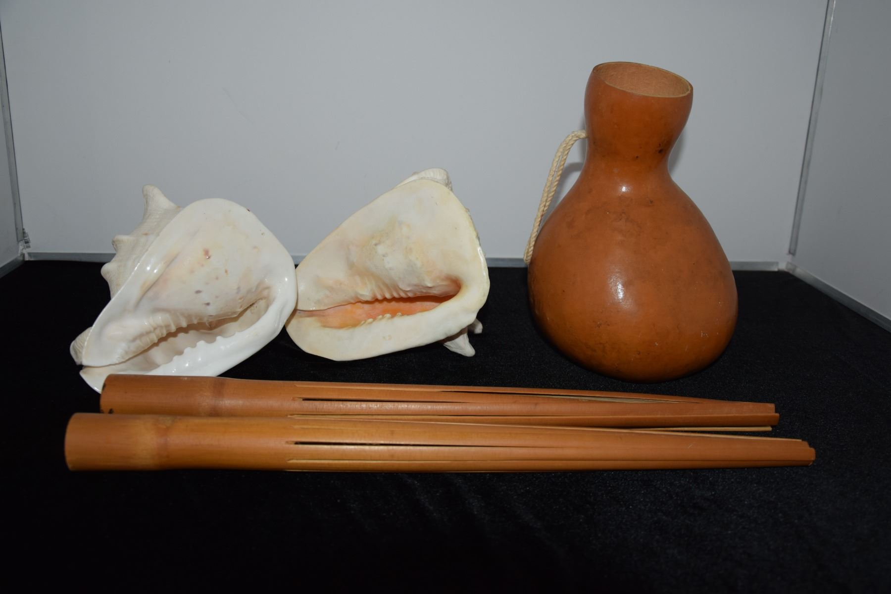 HAWAIIAN MUSICAL INSTRUMENTS: PU'ILI (BAMBOO RATTLES), PU (HELMET CONCH ...