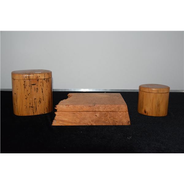 CARVED WOOD BOXES (1 SIGNED MICHAEL ELKAN STUDIO & 2 SIGNED J. ALLEN-HAWAII) (3 PCS)