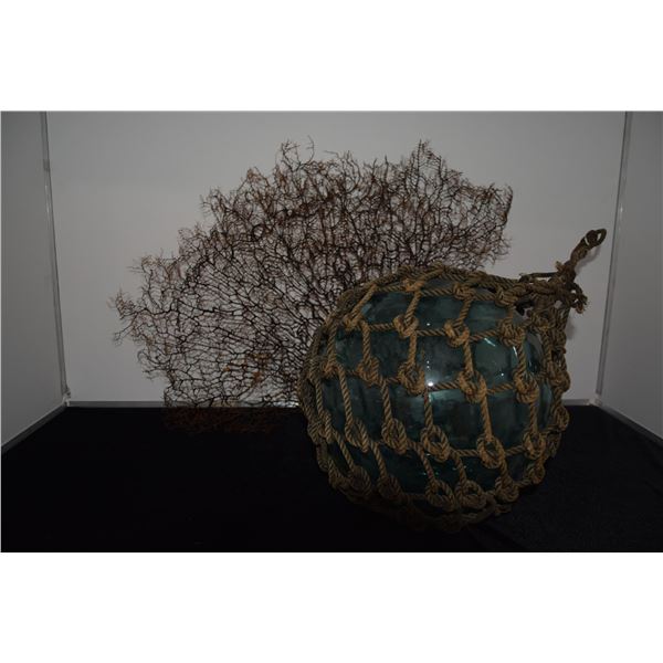 GLASS FISHING FLOAT W/NETTING & BLACK SEA FAN CORAL BRANCH (2 PCS)