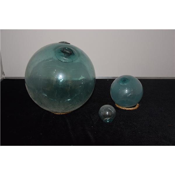 GLASS FISHING FLOATS (29" HOKUYO GLASS CO., 15 1/2" & 7") (3 PCS)