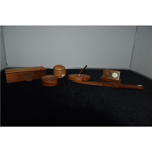 COLLECTION OF WOOD BOXES, CLOCK, PEN HOLDER & DAGGER (6 PCS)