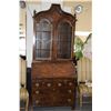 Image 1 : ANTIQUE ENGLISH BONNET TOP SECRETARY, IN MAHOGANY & BURL WOOD W/2 GLAZED DOORS OVER SLANT FRONT & 2 