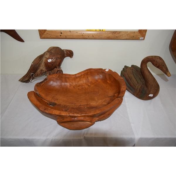 NATURAL WOOD BOWL & CARVED WOOD FALCON & SWAN FIGURES (3 PCS) (DOES NOT INCLUDE STAND)