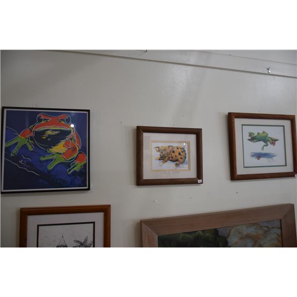 FRAMED PRINTS,  PIG & FROG ; PEGGY CHUN & FRAMED FROG PRINT; UNSIGNED (3 PCS)