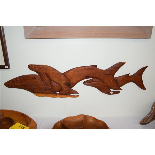 WOOD CARVED HANGING WHALE SCULPTURE