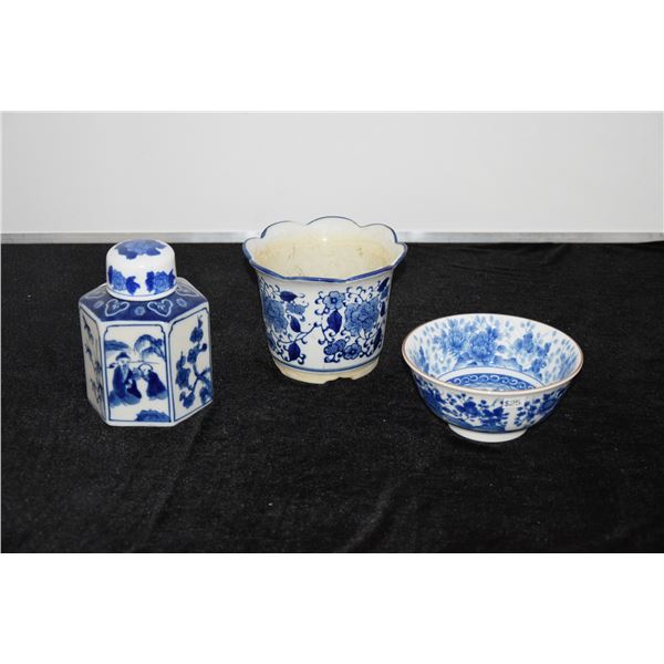 BLUE & WHITE TEA CADDY, PLANTER & BOWL (3 PCS)