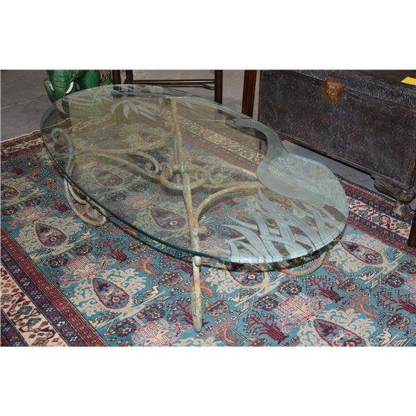 OVAL CUT GLASS (BAMBOO & BIRD) TABLE W/IRON BASE (28" X 51")