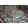 Image 1 : OVAL CUT GLASS (BAMBOO & BIRD) TABLE W/IRON BASE (28" X 51")