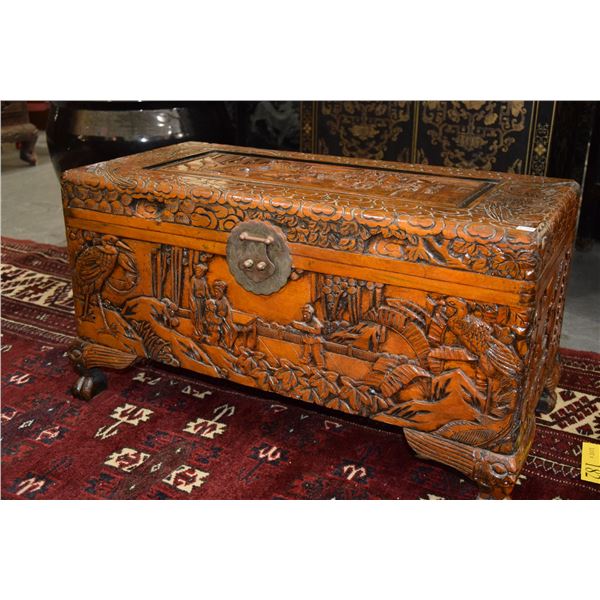 VINTAGE CHINESE CARVED WOOD TRUNK (27" X 13" X 15")