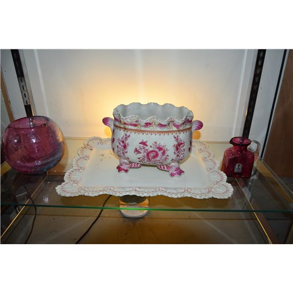CERAMIC CACHE POT, TRAY & CRANBERRY GLASS (3 PCS)