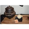 Image 1 : VINTAGE JAPANESE IRON CHAGAMA KETTLE (FOR TEA CEREMONY), WOOD LADLE & TEAPOT W/STAND