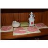 Image 1 : J.A. BOWAN FLORAL TRIVETS, PORCELAIN VASE, ALABASTER BOX & HAWAIIAN QUILTS RED GINGER CRUET BY BARBA