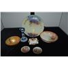 Image 1 : ASSORTED PORCELAIN PLATES, GLASS BOWL & ANTIQUE WEDGWOOD COBALT JASPERWARE CANDLESTICK (7 PCS)
