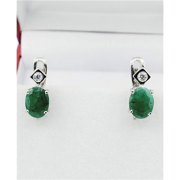 Sterling Silver Genuine Emerald & Cubic Zirconia Earrings